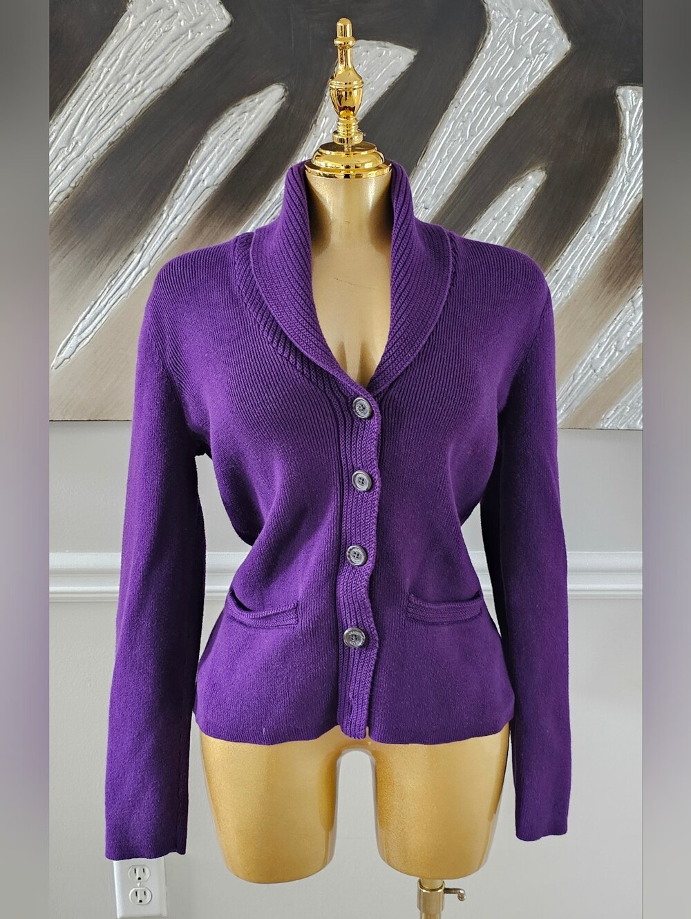 Chaps Classics Womens M Purple 100% Cotton Shawl Collar Peplum Cardigan Sweater